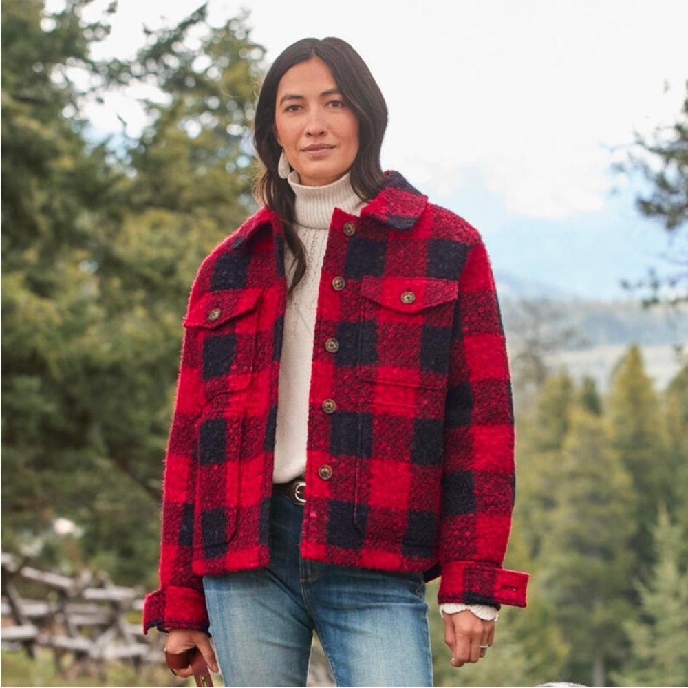 SUNDANCE Sherpa Boucle Buffalo Plaid Woodcutters Jacket Medium Petite Red Black